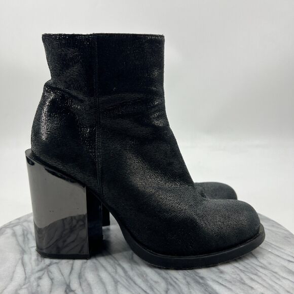 Giampaolo Bootie Women 38 Crinkle Gloss Black Reflective Square Heel Ankle Boots - Picture 2 of 13